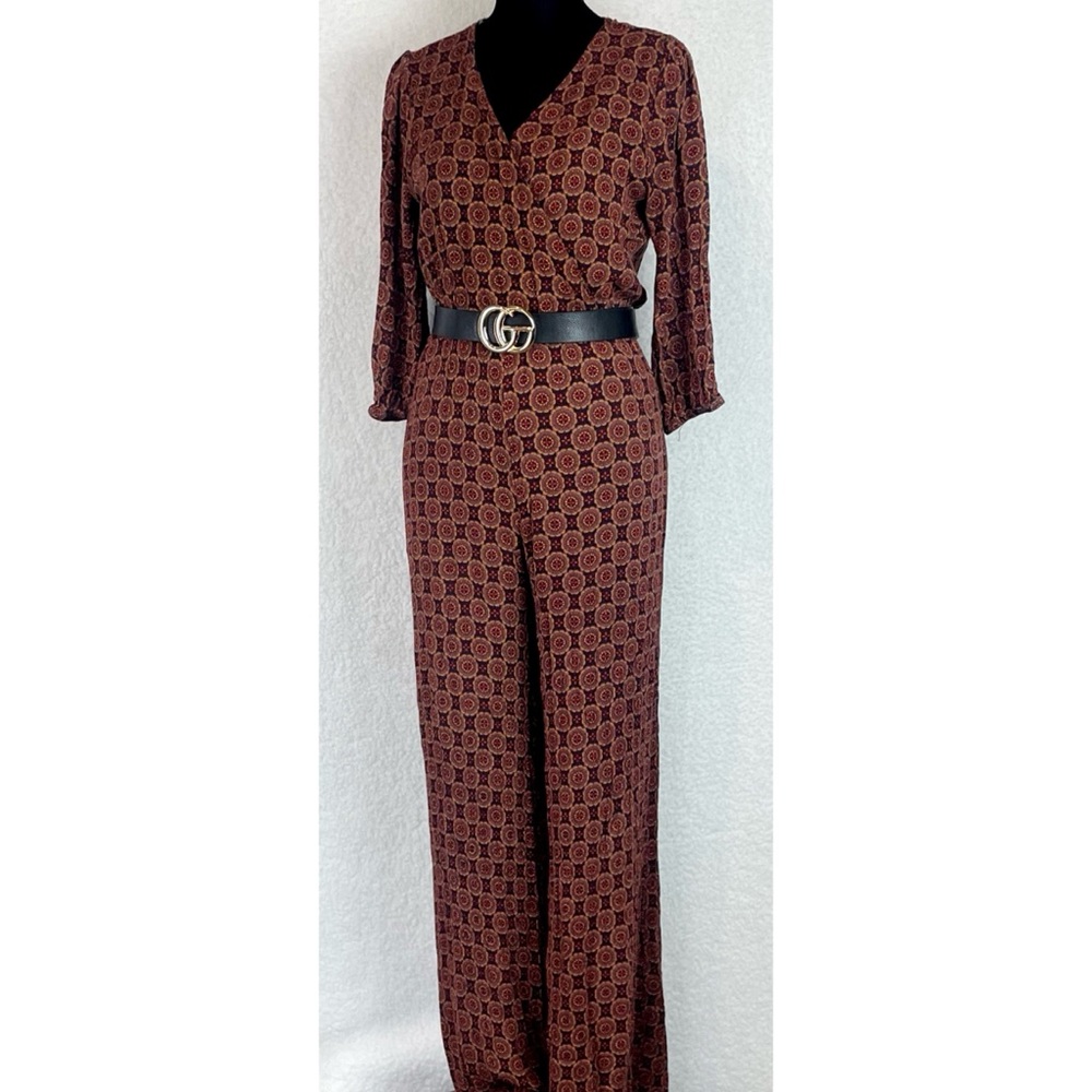 BLUE RAIN • Multicolored Bohemian Geometric Mandala Print V-neck Jumpsuit, S - Picture 1 of 16